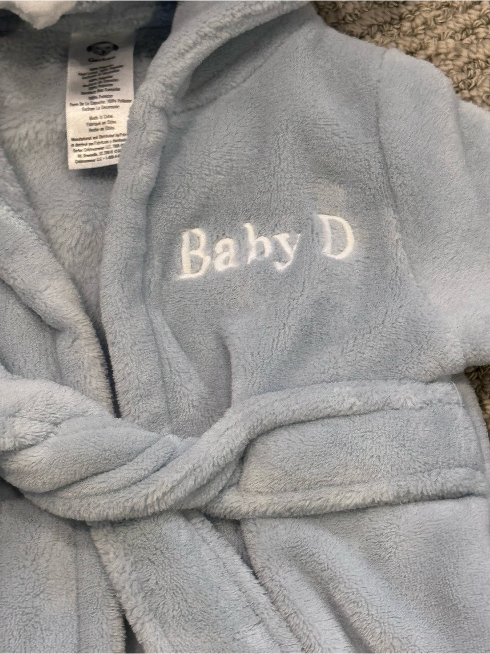 Gerber Light Blue Plush Hooded Baby Robe with Belt- embroidered “baby d” - Picture 2 of 4